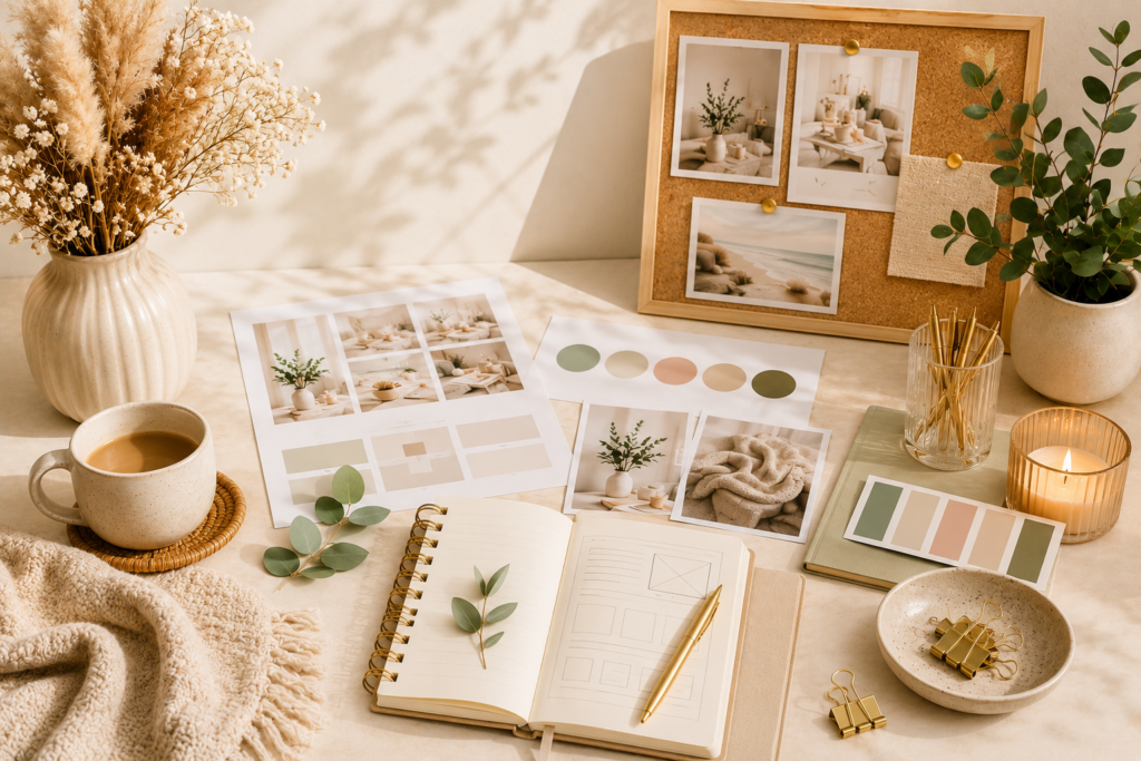 Meridian Web Studio custom WordPress website design for bloggers, featuring feminine branding workspace with content planning, blog strategy, and website development elements.