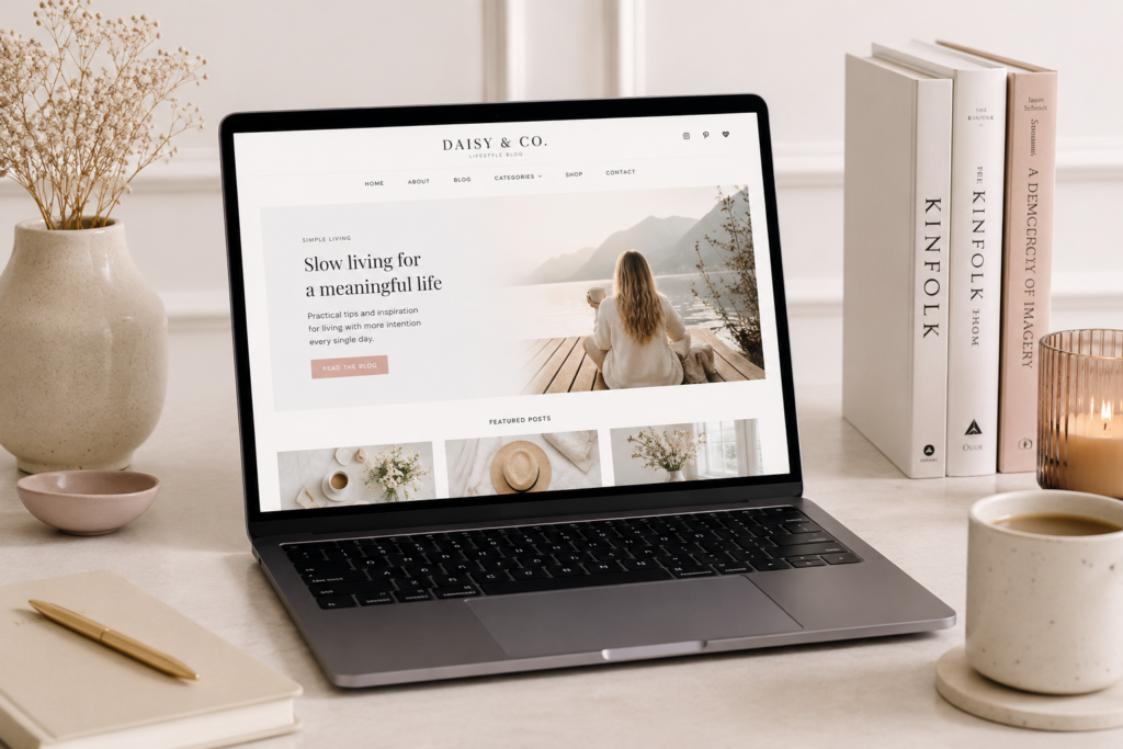 Custom blog website displayed on a laptop in a neutral-toned workspace with books, coffee, and soft decorative accents.