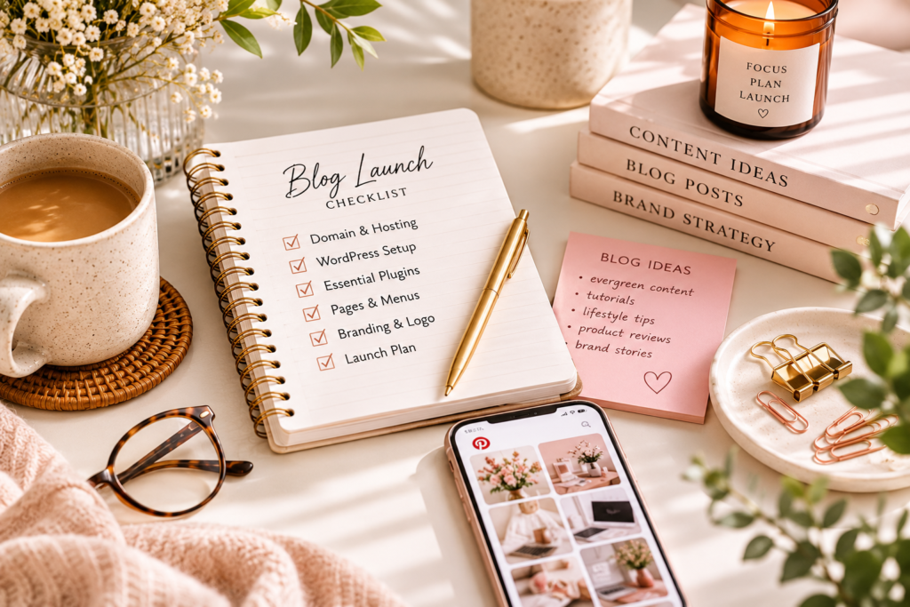 WordPress blog setup and content strategy workspace with editorial calendar, blogging checklist, content planning tools, and laptop for bloggers