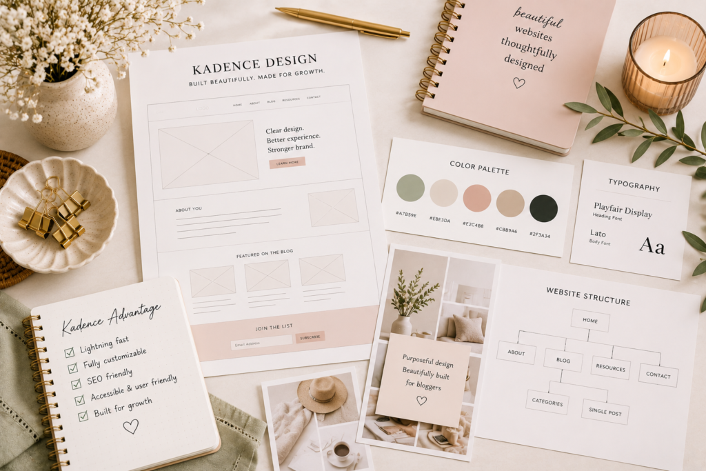 Kadence WordPress website design planning with brand board, website wireframe, color palette, typography selection, and custom blog layout strategy for bloggers