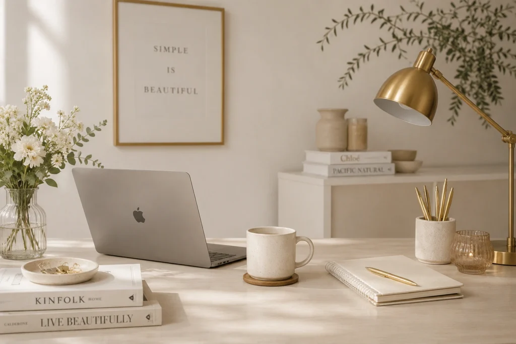 Minimalist home office workspace with laptop, coffee mug, notebook, books, brass desk lamp, and neutral decor in a warm modern office.