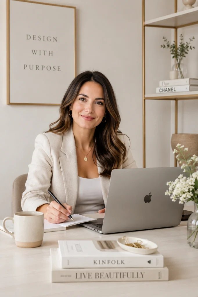 Professional website designer working at a modern neutral home office with a laptop, notebook, and elegant workspace.
